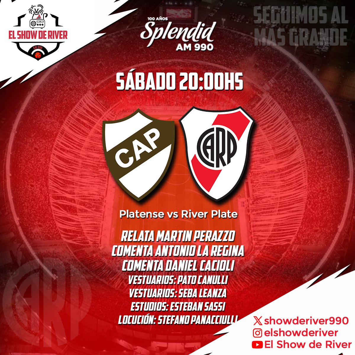 futbolshow870's tweet photo. 𝐇𝐎𝐘 𝐉𝐔𝐄𝐆𝐀 𝐑𝚰𝐕𝐄𝐑 ⚪🔴⚪

Esta noche desde las 20hs transmitimos Platense vs #River por @splendidam990 y EN VIVO en nuestro Canal de YouTube 🎙️

#RelataElMuñeco @munecoperazzo
Comentan @laregina02 y @DanielCacioli
Vestuarios @PatoCanulli y @sebaleanza

#ElShowDeRiver https://t.co/jepnhOtoSh