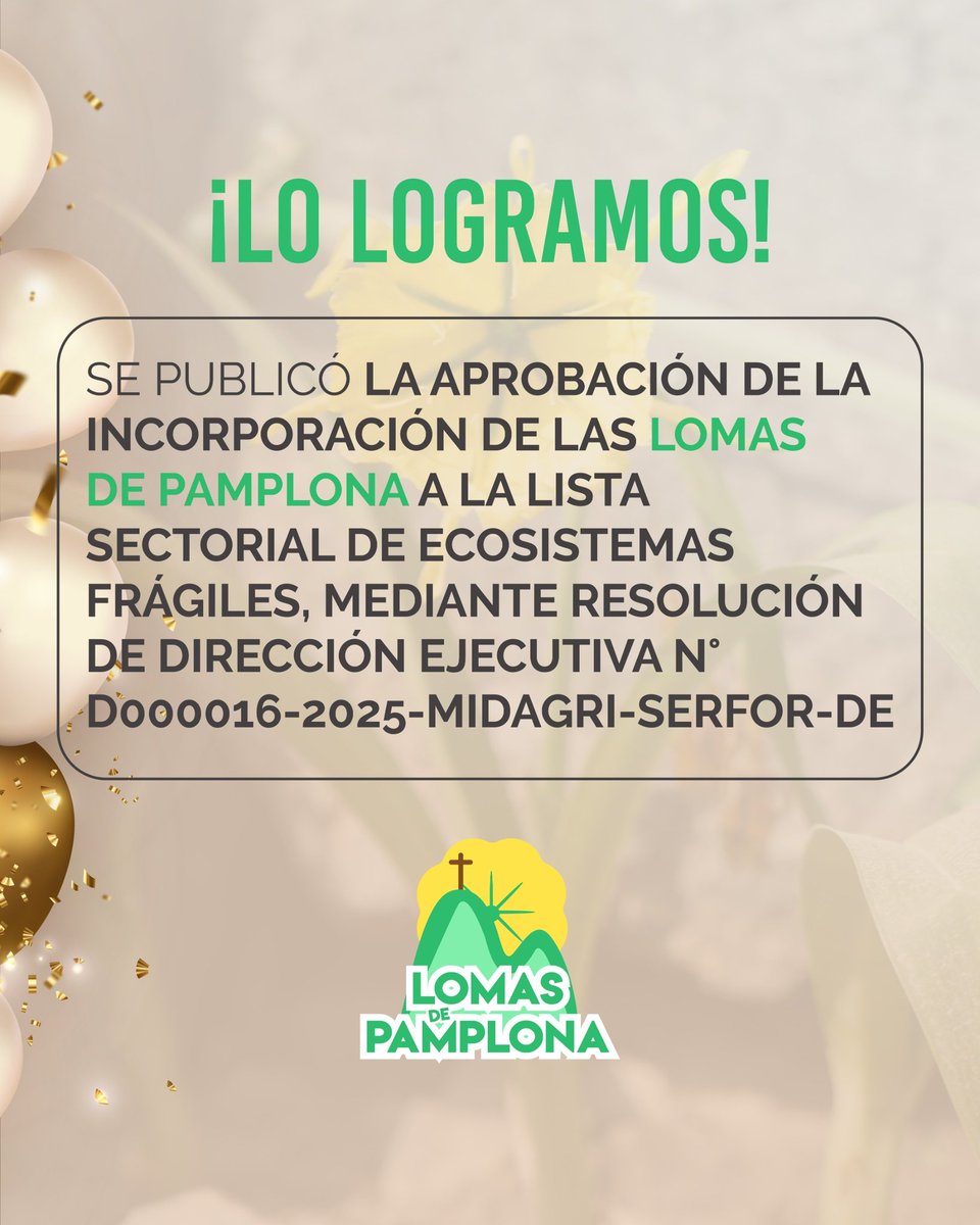 Tras dos años de idas y venidas, <a href="/SerforPeru/">Serfor Perú</a> finalmente incluyó a las #LomasDePamplona en su Lista Sectorial de Ecosistemas Frágiles.

Link: busquedas.elperuano.pe/dispositivo/NL…

La perseverancia, la lucha y la incidencia de la ciudadanía organizada hizo esto posible.

#SalvemosLasLomas 💚