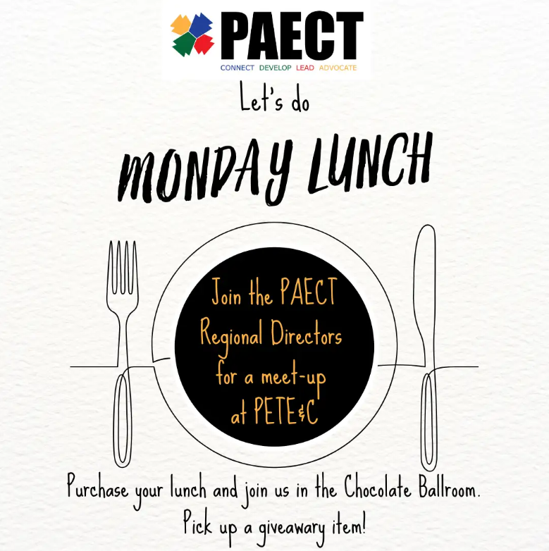 PAECT's tweet photo. Heading to PETE &amp; C?
Monday is PAECT day at PETE&amp;C. Join the Regional Directors for a lunch meetup in the Chocolate Ballroom. Learn about upcoming activities and pick up the PAECT PETE&amp;C giveaway item!
@peteandc https://t.co/TG29Xu0MAX