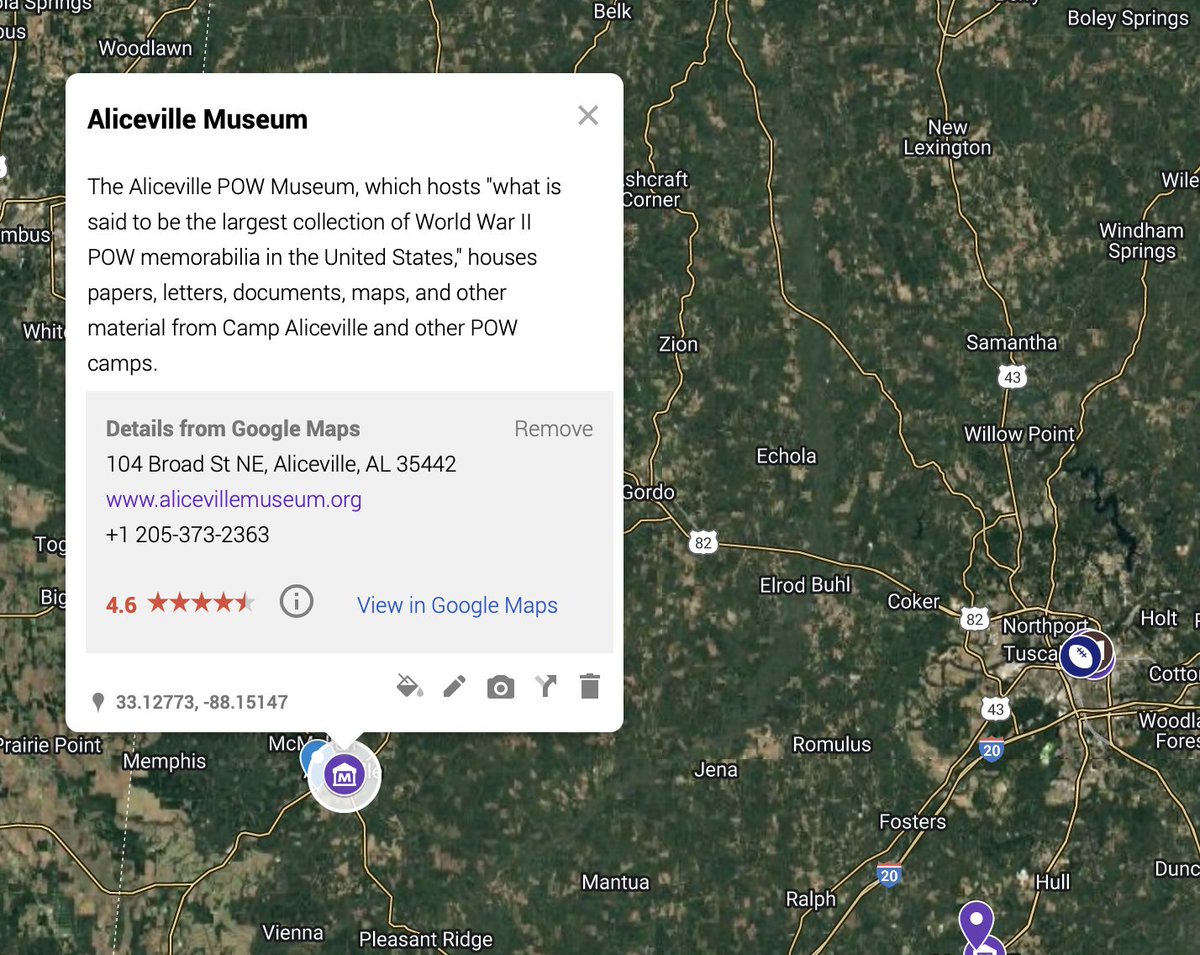 Today's map features Alabama including a marker for the Aliceville Museum with its focus on WW2 POWs. Camp Aliceville once hosted 12K+ German POWs. It was the largest POW camp in the Southeaster USA. google.com/maps/d/edit?mi…
