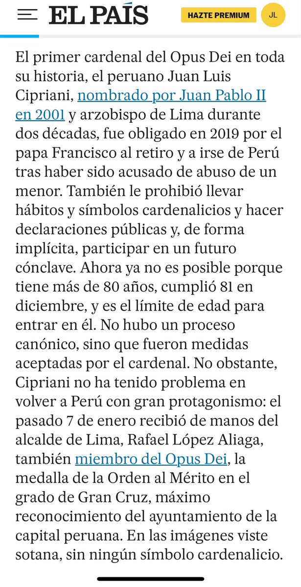 ClaraEOspinaG's tweet photo. Estos son algunos fragmentos del reportaje de El País que cuentan lo que ocurrió con Juan Luis Cipriani y cómo su entorno amenazó a la víctima para que se retractara. https://t.co/WirJ17otmP https://t.co/I3ZOTVENwc
