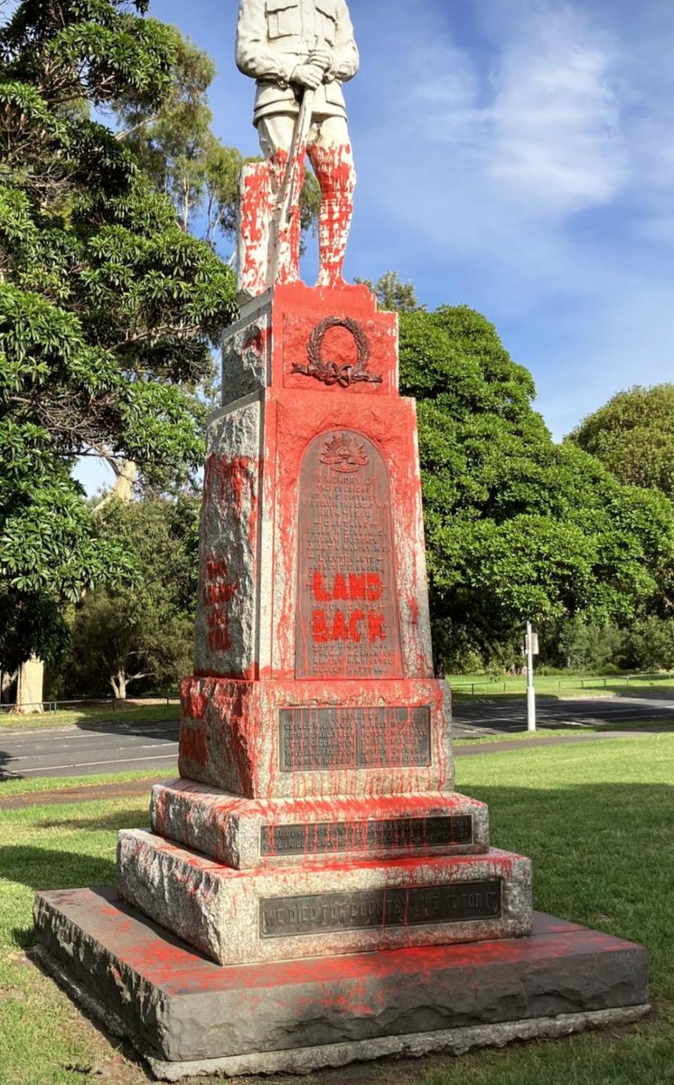 An ANZAC monument in Parkville, Melbourne was reported sprayed with red paint, with the phrases "land back" and "the colony will fall" overnight, on the eve of Australia Day.
