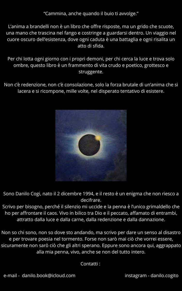 Pronto a perderti tra le pieghe della mente? Il mio libro ti inviterà a danzare con i demoni e a sussurrare segreti che solo i folli osano conoscere.
Presto online 📖
<a href="/TwittaLibro/">Twitta Libro</a> 
<a href="/CasaScrittori/">Casa degli Scrittori</a> 
#twittalibro