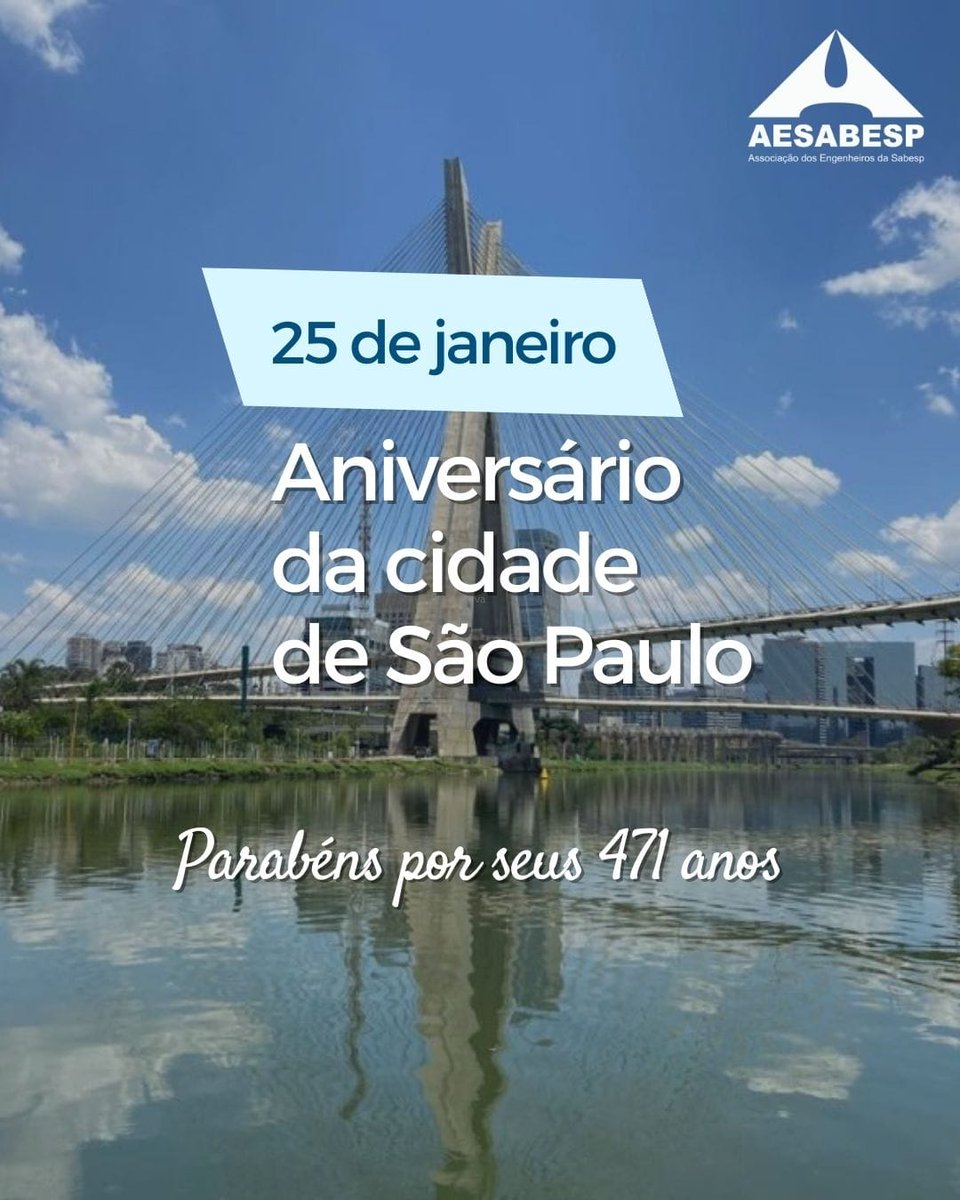 AESabesp's tweet photo. 🎉É dia de celebrar a maior metrópole da América Latina!

🎁Neste 25 de janeiro, a cidade de São Paulo completa 471 de  história. Com cerca de 11,9 milhões de habitantes, a cidade reúne pessoas de todas as culturas, crenças e costumes. Parabéns, São Paulo! https://t.co/JvVzkCqZot