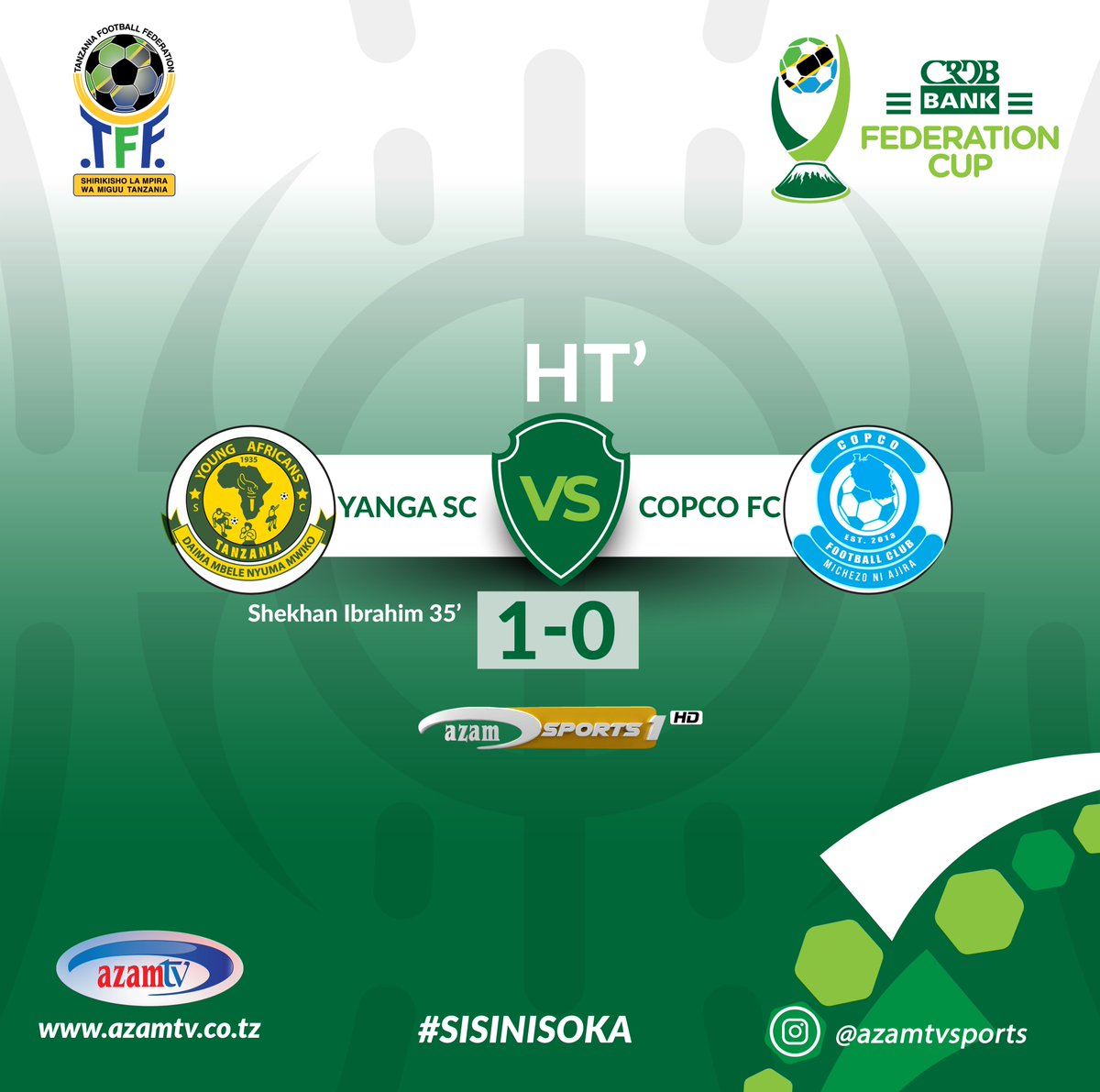 azamtvtz's tweet photo. MAPUMZIKO | #CRDBankFederationCup
HT: Yanga SC 1-0 Copco FC (Sheikhan Ibrahim 35’)
Iko LIVE #AzamSports1HD
#CRDBBankFederationCup #KombeLaShirikishoLaCRDBBank #FACup #YangaSCVsCopco #YangaSC #Copco https://t.co/CXl9kgoNVg