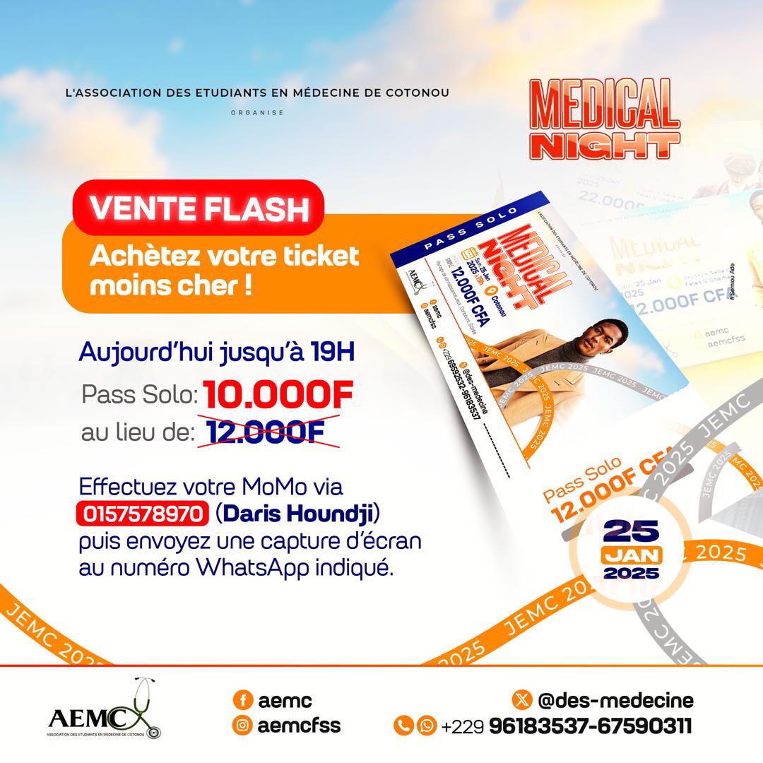 🚨 Ticket Flash pour ce samedi 🚨
 
Il est encore temps de profiter d’une réduction exclusive sur les tickets !

 🎟️ Obtenez votre ticket dès maintenant à 10.000 F CFA

C_Com JEMC