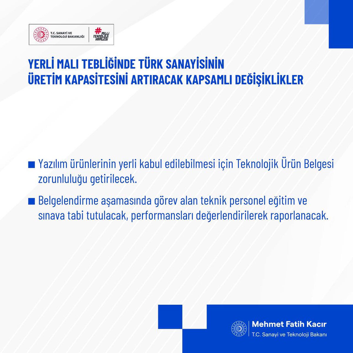 Türk sanayisinin üretim kapasitesini ve rekabetçiliğini artıracak, cari açığın azaltılmasına hizmet edecek yeni Yerli Malı Tebliğimiz Resmî Gazete’de yayımlanarak yürürlüğe girdi. 

Sanayicilerimiz ve tüm paydaşlarımızla istişare ile hazırladığımız tebliğimizle, yerli ve katma