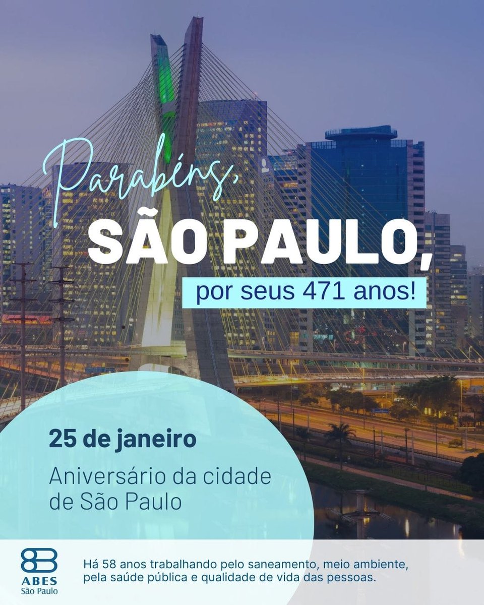 🥳Parabéns, São Paulo! A ABES-SP presta homenagem à nossa estimada cidade na comemoração de seus 471 anos. 

🌆Lar de cerca de 11,9 milhões de habitantes, São Paulo é um grande centro histórico de cultura e diversidade.