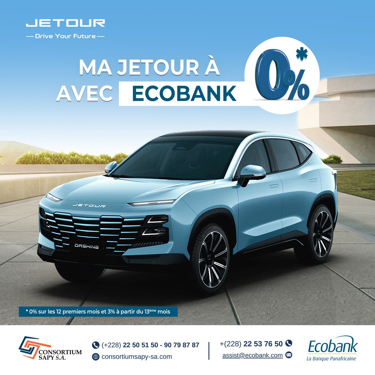 Sapy_sa's tweet photo. Vous hésitez encore à être au volant de votre JETOUR DASHING ? optez pour le crédit auto avec ECOBANK à taux zéro !
Excellent weekend à tous.
Tél : 22 50 51 50 / 91 98 28 28 / 90 79 87 87
#creditauto #ecobank #Jetour #bonweekend# https://t.co/613vkK2LRU https://t.co/f6CFJtfOCa