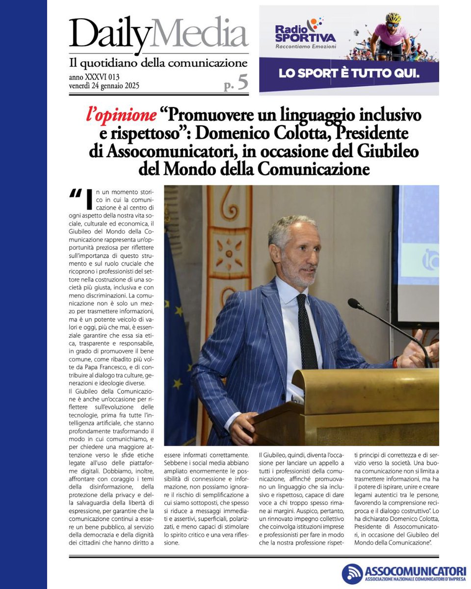 Assocomunicato1's tweet photo. “Promuovere una comunicazione inclusiva e rispettosa per una società più giusta e con meno discriminazioni”.

🗞️ Dalle dichiarazioni di Domenico Colotta sul Giubileo della Comunicazione. 

#Assocomunicatori
#GiubileoDellaComunicazione
#ComunicareBene #MondoDellaComunicazione https://t.co/jBDGPuJOvK