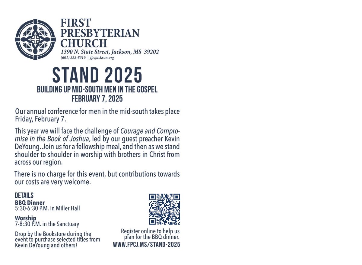 Men, join us at First Pres in Jackson on February 7! 

From 5:30-6:30 p.m., they are hosting a BBQ Supper catered by Country Pleasin'. If you plan to join them for the meal, please register here 
(fpcjackson.org/event/stand-20…) for planning purposes. Registration is free.