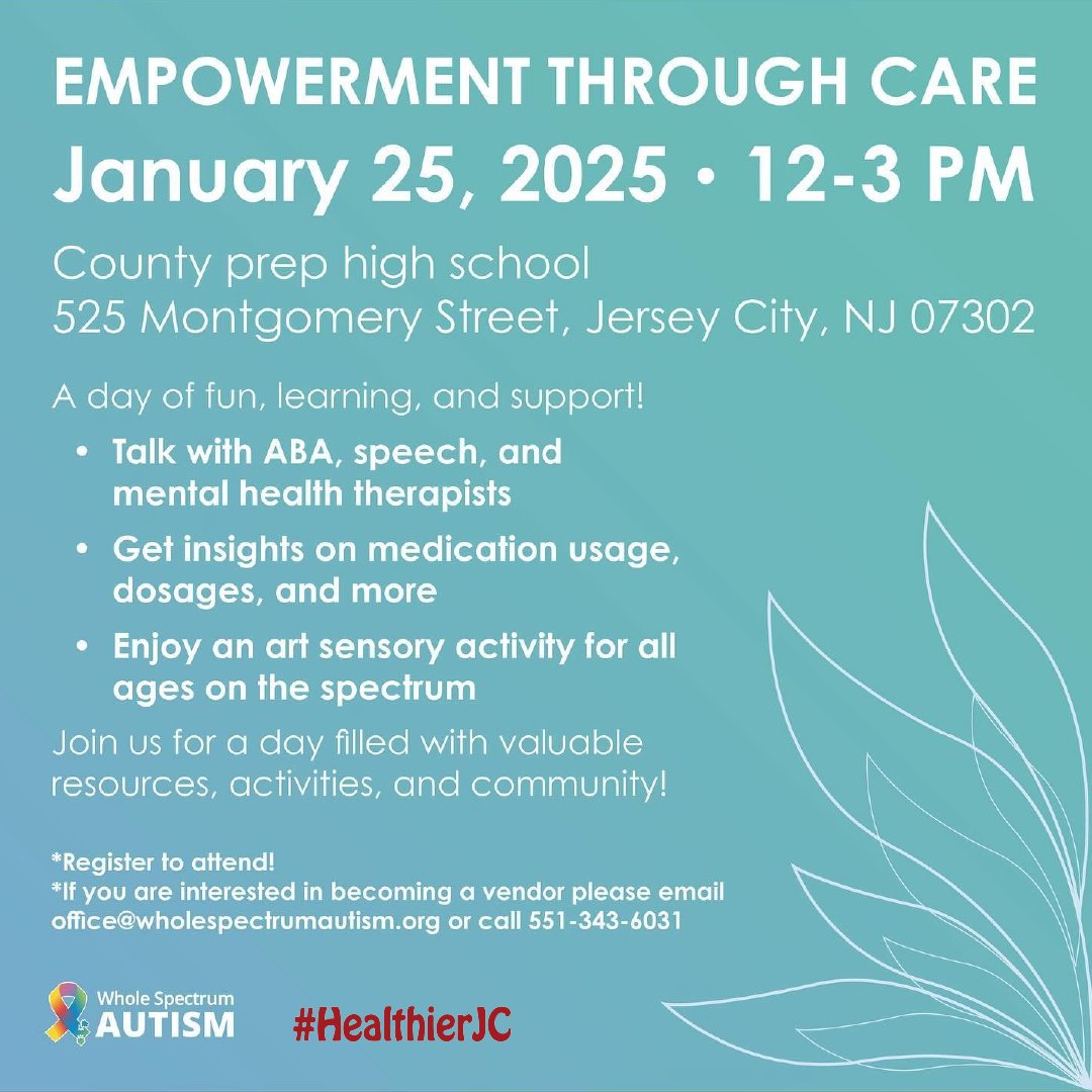 HealthierJC's tweet image. 💙 Don't forget to join Whole Spectrum Autism today between 12–3 PM at County Prep High School, Jersey City! Enjoy expert talks, medication tips, and sensory art activities. 🌐 Register: office@wholespectrumautism.org or 551-343-6031. #AutismCommunity #FunAndLearning #HealthierJC