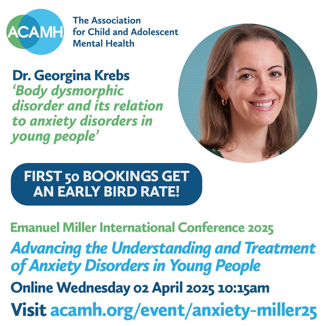 Journal of Child Psychology and Psychiatry (@thejcpp) on Twitter photo Don't miss <a href="/acamh/">Association for Child & Adolescent Mental Health</a>'s upcoming online conference 'Advancing the Understanding & Treatment of #AnxietyDisorders in Young People', 2 April 2025
FIRST 50 BOOKINGS GET AN EARLY BIRD RATE! With a phenomenal line-up, including <a href="/georginakrebs/">Dr Georgina Krebs 💙</a>! bit.ly/4awsaM9
#CAMH #MentalHealth Don't miss <a href="/acamh/">Association for Child & Adolescent Mental Health</a>'s upcoming online conference 'Advancing the Understanding & Treatment of #AnxietyDisorders in Young People', 2 April 2025
FIRST 50 BOOKINGS GET AN EARLY BIRD RATE! With a phenomenal line-up, including <a href="/georginakrebs/">Dr Georgina Krebs 💙</a>! bit.ly/4awsaM9
#CAMH #MentalHealth