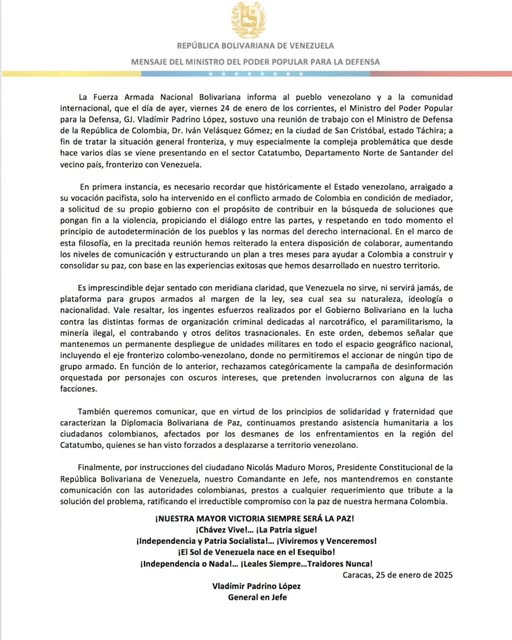 #COMUNICADO | El ministro del Poder Popular para la Defensa de #Venezuela, Vladímir Padrino López, se reunió con el ministro de Defensa de la República de #Colombia, Dr. Iván Velásquez Gómez; para tratar temas sobre la posición en la frontera.