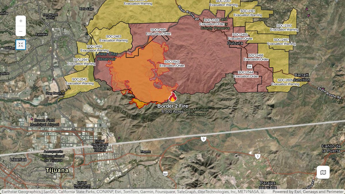 USAS_WW1's tweet photo. @CAL_FIRE #Border2Fire #SanDiego #CaliforniaWildfires #BorderFire: The Border Fire is now at 6,500 acres. Firefighters have it 10% contained. Compare to last night's screenshots ⬆️⬆️, and you'll note slight expansion SW and NE. Tag: San Diego, Chula Vista and Tijuana, Mexico. 📸@CAL_FIRE https://t.co/hXEwYb6etB