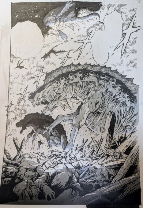 数日前の魔物のシーン、トーンを貼って仕上げするとこんな感じ。 