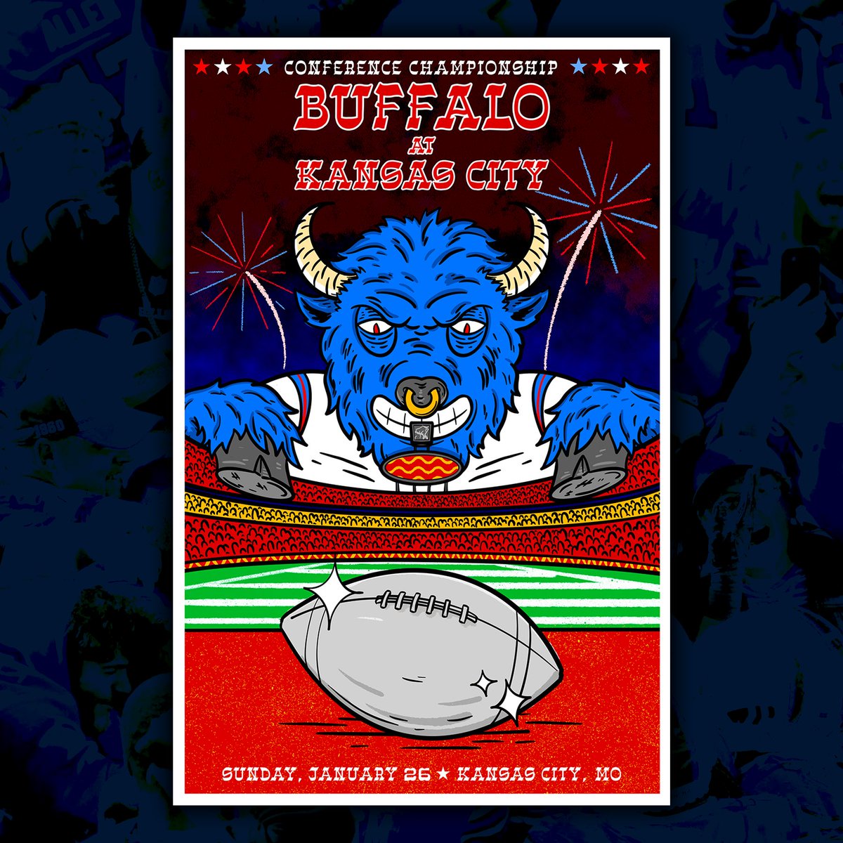 lefternco's tweet image. “THE BISON LOOMS”
by @guttermagic 

#BUFvsKC | #Bills | #Chiefs 
#BillsMafia | #ChiefsKingdom 

ONE. MORE. WIN.

stamped &amp;amp; numbered prints available until Sunday. RT &amp;amp; maybe we’ll send you one. 👉 leftern.co/product/the-bi…