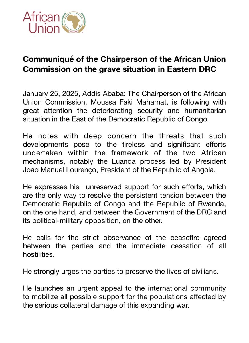Communiqué of the Chairperson of the African Union Commission <a href="/AUC_MoussaFaki/">Moussa Faki Mahamat</a> on the grave situation in Eastern DRC

au.int/en/pressreleas…