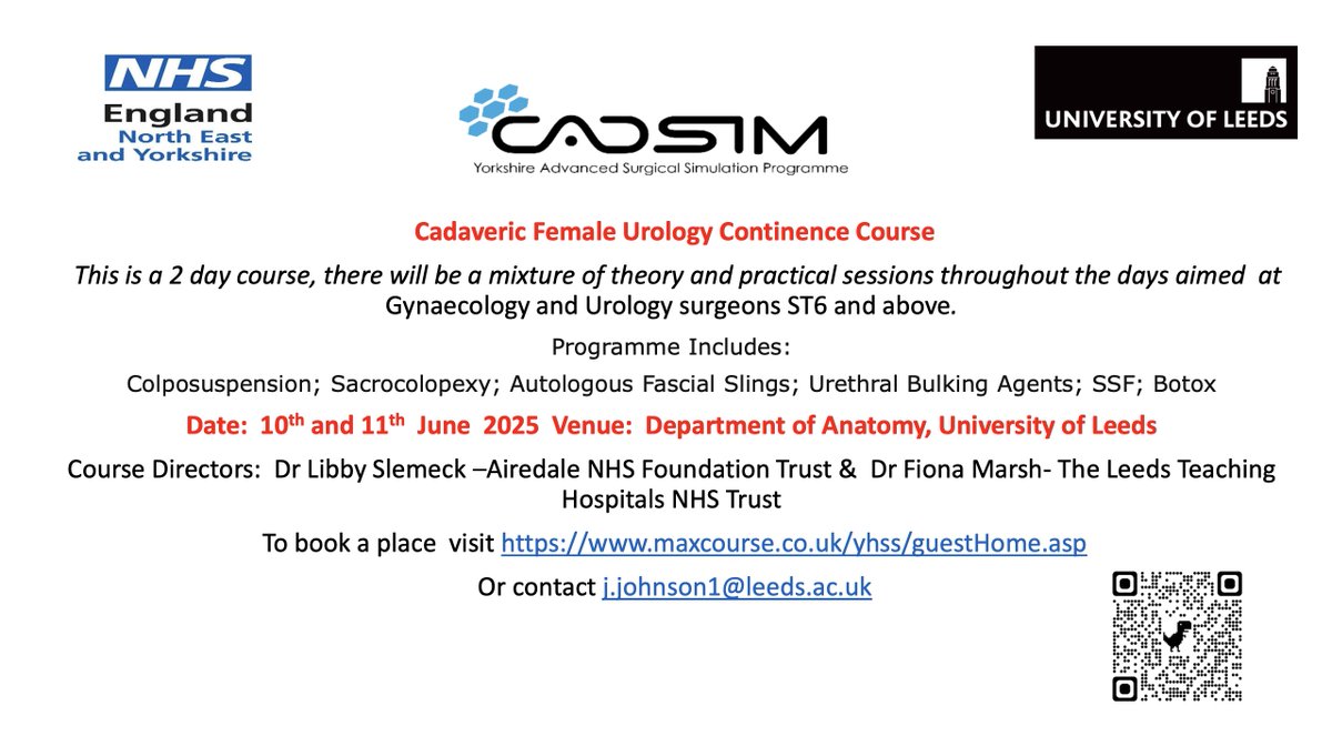 CADSIM (@cadsimleeds) on Twitter photo Join us for the Cadaveric Female Urology Continence Course, a unique and comprehensive training program designed to enhance your skills in female urology and continence care. ๐ฉบ๐ฉโโ๏ธ <a href="/BAUSurology/">BAUS</a> <a href="/RCObsGyn/">RoyalCollegeObsGyn</a> <a href="/BSoT_UK/">BSoT</a> <a href="/RCOGNTC/">RCOG National Trainees' Committee</a> <a href="/LeedsHospitals/">Leeds Teaching Hospitals</a> <a href="/NHSE_WTE/">NHS England Workforce, Training and Education</a>
To register Join us for the Cadaveric Female Urology Continence Course, a unique and comprehensive training program designed to enhance your skills in female urology and continence care. ๐ฉบ๐ฉโโ๏ธ <a href="/BAUSurology/">BAUS</a> <a href="/RCObsGyn/">RoyalCollegeObsGyn</a> <a href="/BSoT_UK/">BSoT</a> <a href="/RCOGNTC/">RCOG National Trainees' Committee</a> <a href="/LeedsHospitals/">Leeds Teaching Hospitals</a> <a href="/NHSE_WTE/">NHS England Workforce, Training and Education</a>
To register