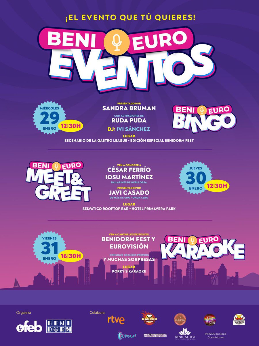 No os podéis perder nuestros tres eventazos para este #BenidormFest2025. ¡Nos hace tanta ilusión! El miércoles, #BenieuroBingo, presentado por Sandra Bruman, con Ruda Puda e Ivi Sánchez. El jueves, meet&amp;greet con César y Iosu, bailarines de Nebulossa. Y el viernes, lo daremos