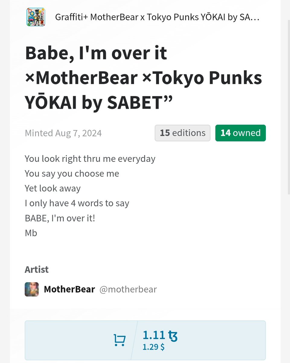 MotherBear_eth's tweet photo. #sabet #TokyoPunks #yokaicollab 
Please check out this graffiti style artwork ! Sometimes your just over it! https://t.co/ZtOG8mZ5hu