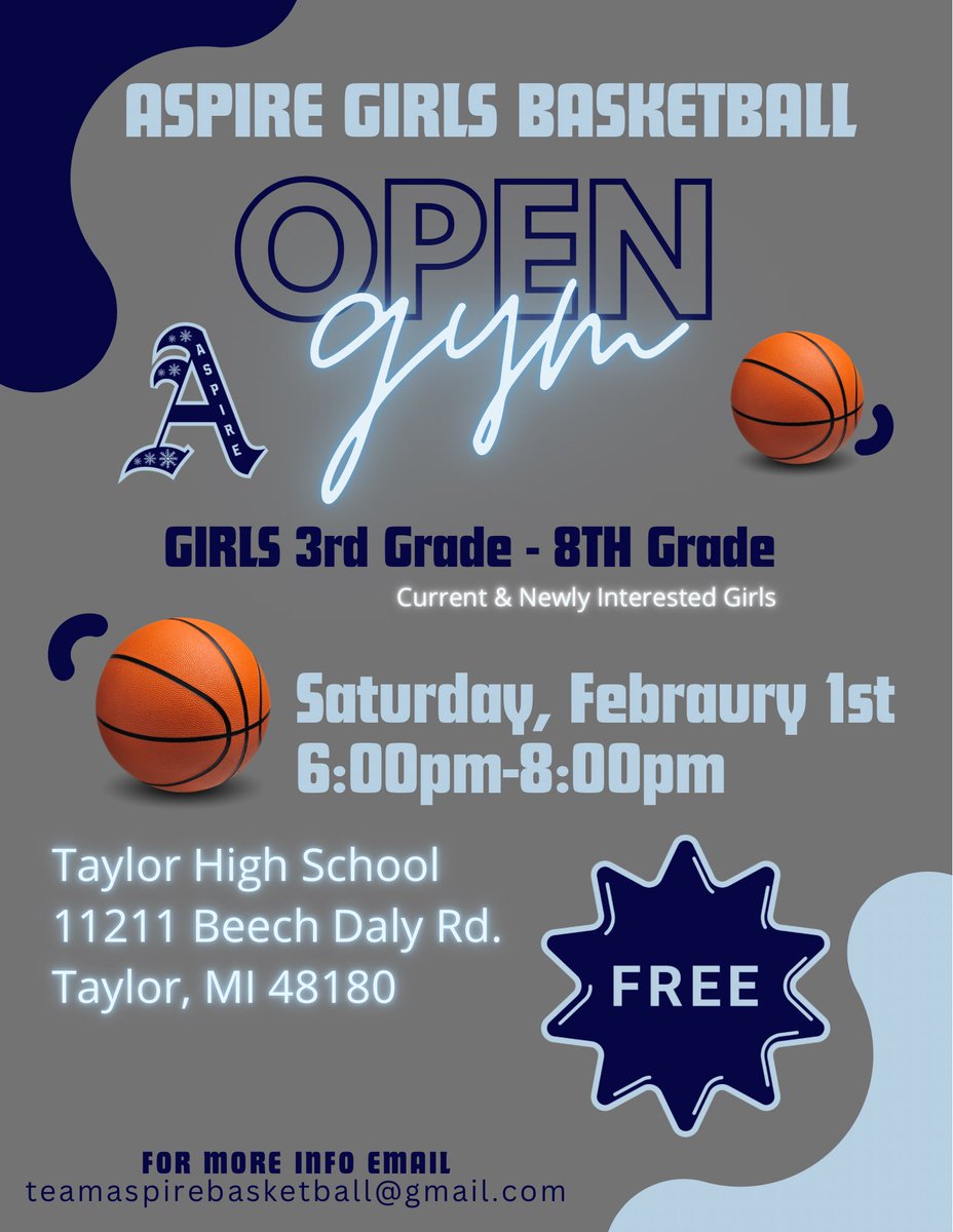 Aspire Basketball ๐ (@aspirewbb) on Twitter photo Interested in developing and playing travel basketball this spring/summer? Join us next Saturday for another open gym. All girls 3rd-8th grade are welcome. 
HS girls, we will see you soon. Interested in developing and playing travel basketball this spring/summer? Join us next Saturday for another open gym. All girls 3rd-8th grade are welcome. 
HS girls, we will see you soon.