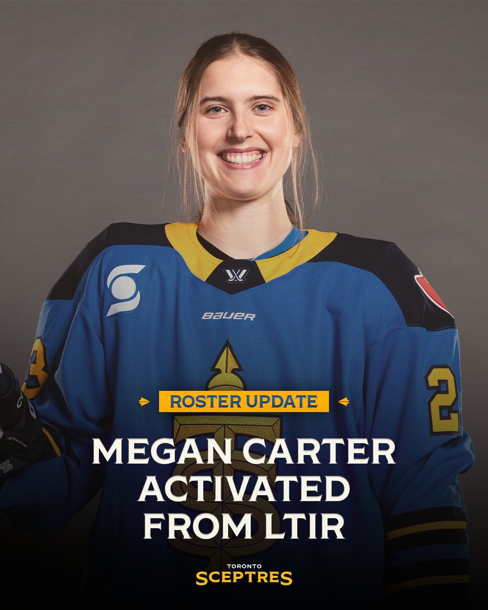 We’ve been waiting for this one! 🙌

The Toronto Sceptres have activated rookie defender Megan Carter from Long-Term Injured Reserve.

📰 bit.ly/40LdpSg