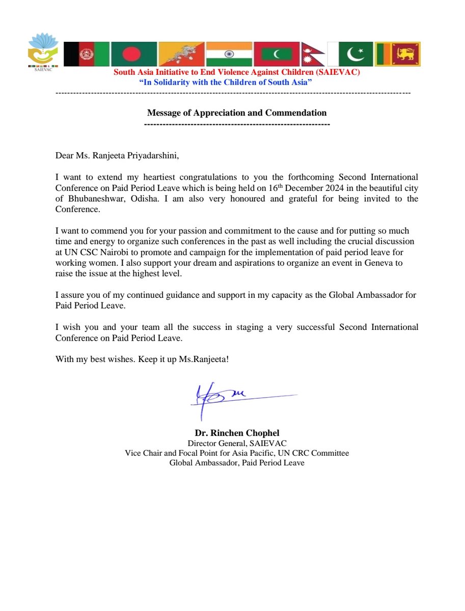 I_AM_RANJEETA's tweet photo. Thank You Hon.ble Director General SAIEVAC and Vice Chair UN CRC Committee , Dr Rinchen Chophel Sir for the Message of Appreciation #PaidPeriodLeave https://t.co/WRvOomR2mS