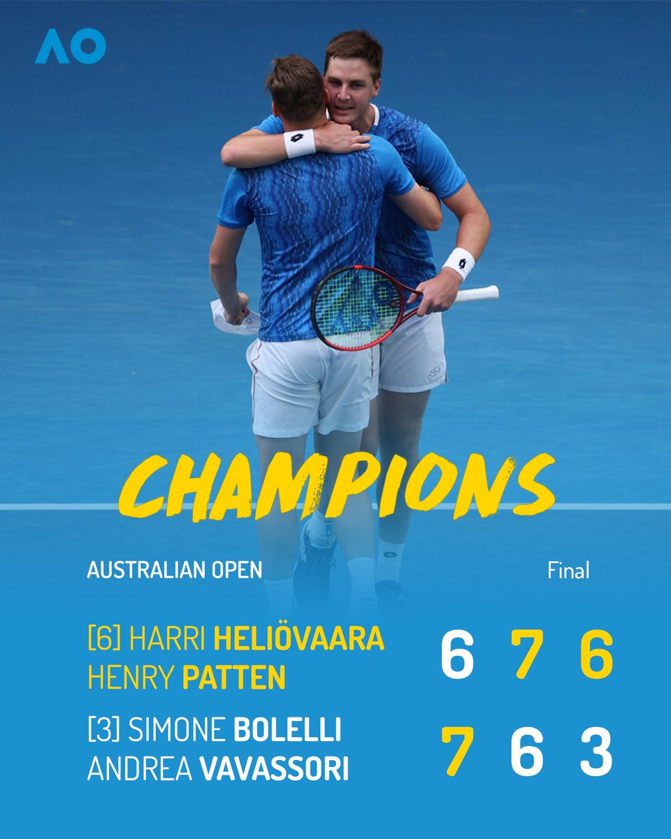 GRAND SLAM MESTARIT 🏆🏆

Harri Heliövaara ja Henry Patten juhlivat Australian avointen turnausvoittoa. Mestaruus on parin uran toinen. Suuren suuret onnittelut 💙