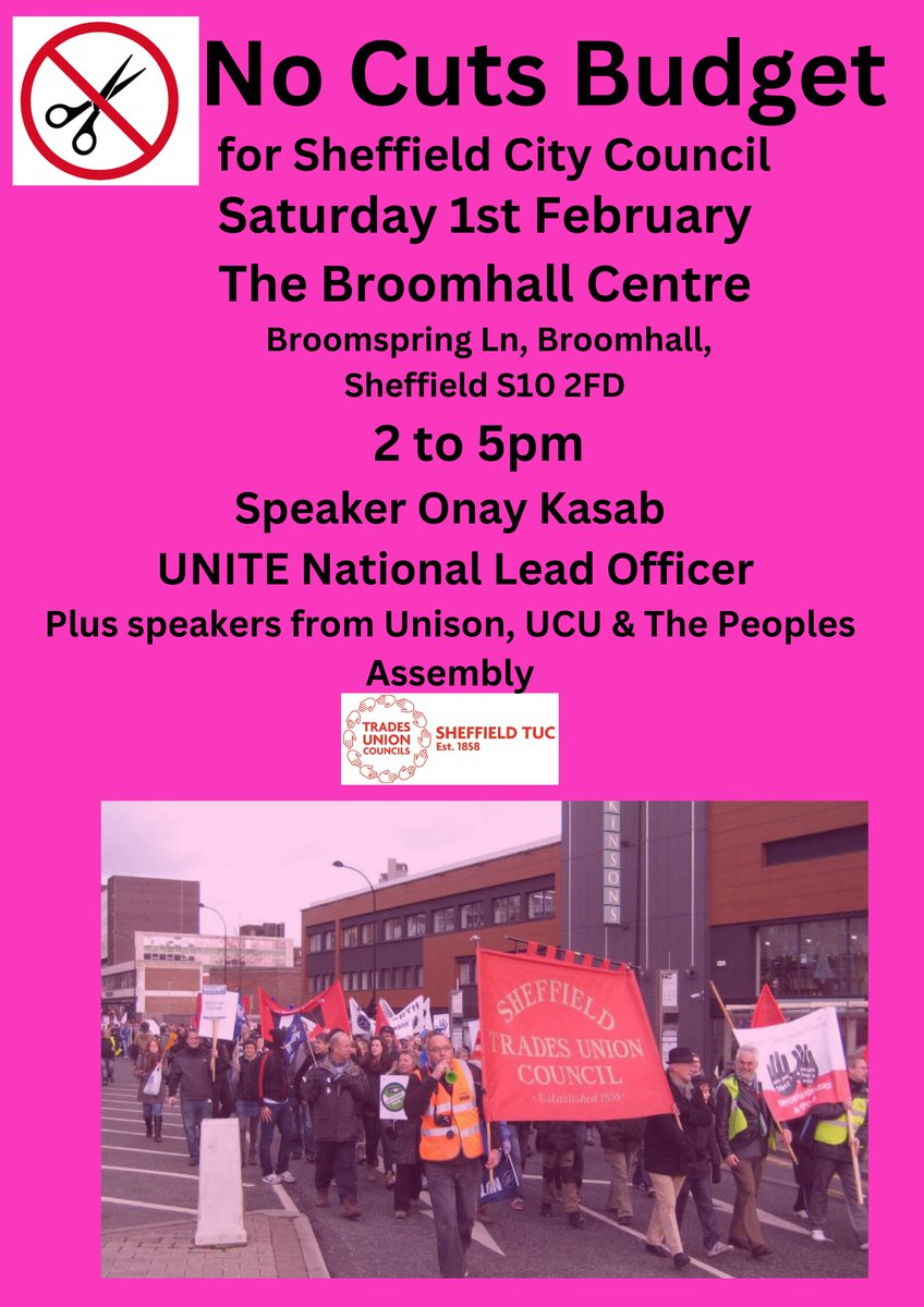 ShefTUC's tweet photo. SAT 1st FEB: Sheffield TUC is holding a meeting to discuss the Sheffield City Council budget for 2025 and a campaign to demand no further cuts to local authority services and the restoration of services lost in recent years. All welcome! https://t.co/W3zrnwXBZH