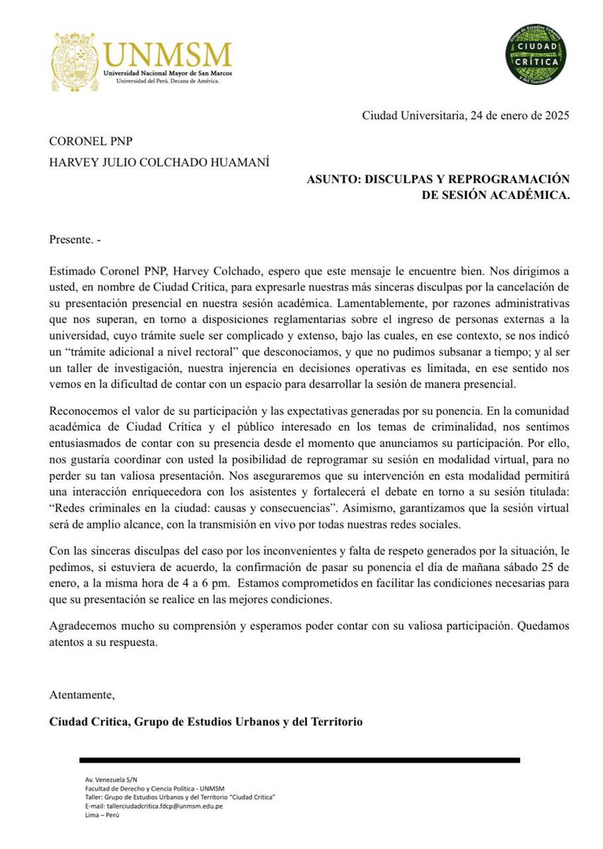 HarveyColchado's tweet image. 𝐀𝐂𝐀𝐁𝐀𝐍 𝐃𝐄 𝐍𝐎𝐓𝐈𝐅𝐈𝐂𝐀𝐑𝐌𝐄 𝐋𝐀 𝐂𝐀𝐍𝐂𝐄𝐋𝐀𝐂𝐈𝐎́𝐍 𝐃𝐄 𝐌𝐈 𝐄𝐗𝐏𝐎𝐒𝐈𝐂𝐈𝐎́𝐍 𝐏𝐑𝐄𝐒𝐄𝐍𝐂𝐈𝐀𝐋 𝐄𝐍 𝐋𝐀 𝐔𝐍𝐌𝐒𝐌

A través de una carta, me explican que debido a: “Trámites adicionales a 𝐧𝐢𝐯𝐞𝐥 𝐫𝐞𝐜𝐭𝐨𝐫𝐚𝐥” solicitados a última hora; mi…