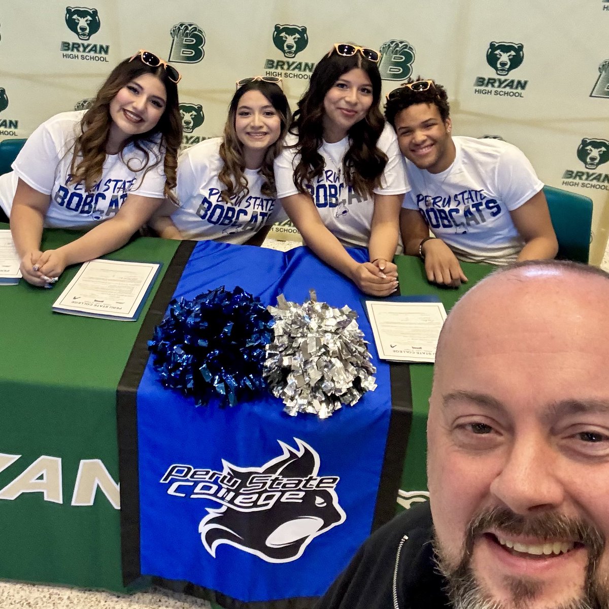 Principal_CK's tweet photo. Day 90 of #180daysofjoy (24-25) Jazmin, Emily, Liz, & Isaac who signed letters of intent to @PeruState yesterday. Hats off to Ms. Tia and Ms. Wattles for their support and commitment to our @bhs_sugarbearsdance 🐻Thanks to JC for his leadership. #manybearsonebryan https://t.co/Du9Sd9NU85