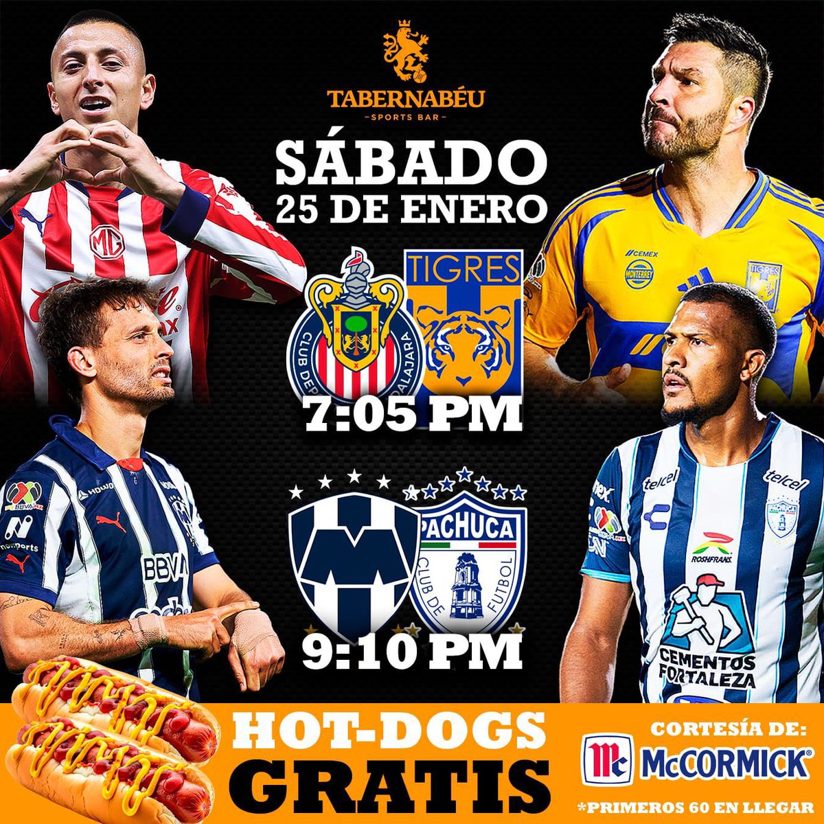 Promo rápida de <a href="/Tabernabeu/">Tabernabeu</a> atinale al marcador de ambos partidos y gana un 18 de Cervezas bien heladas con dos platillos Mamalones de tu elección, valido hasta las 7pm y dale RT para que sea válida tu participación! #Tigres  #Rayados Reserva tu mesa con tiempo 🔝⚽