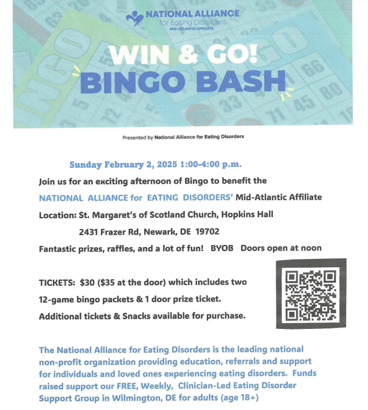 DPADelaware's tweet photo. 1/2: As part of the Mid-Atlantic Affiliate of the non-profit, the National Alliance for Eating Disorder is holding a Bingo Bash fundraiser on 2/2/25 to raise the funds to continue providing the community with a FREE, weekly, Clinician-Led Eating Disorder Support Group on https://t.co/5h1mRt2HHu