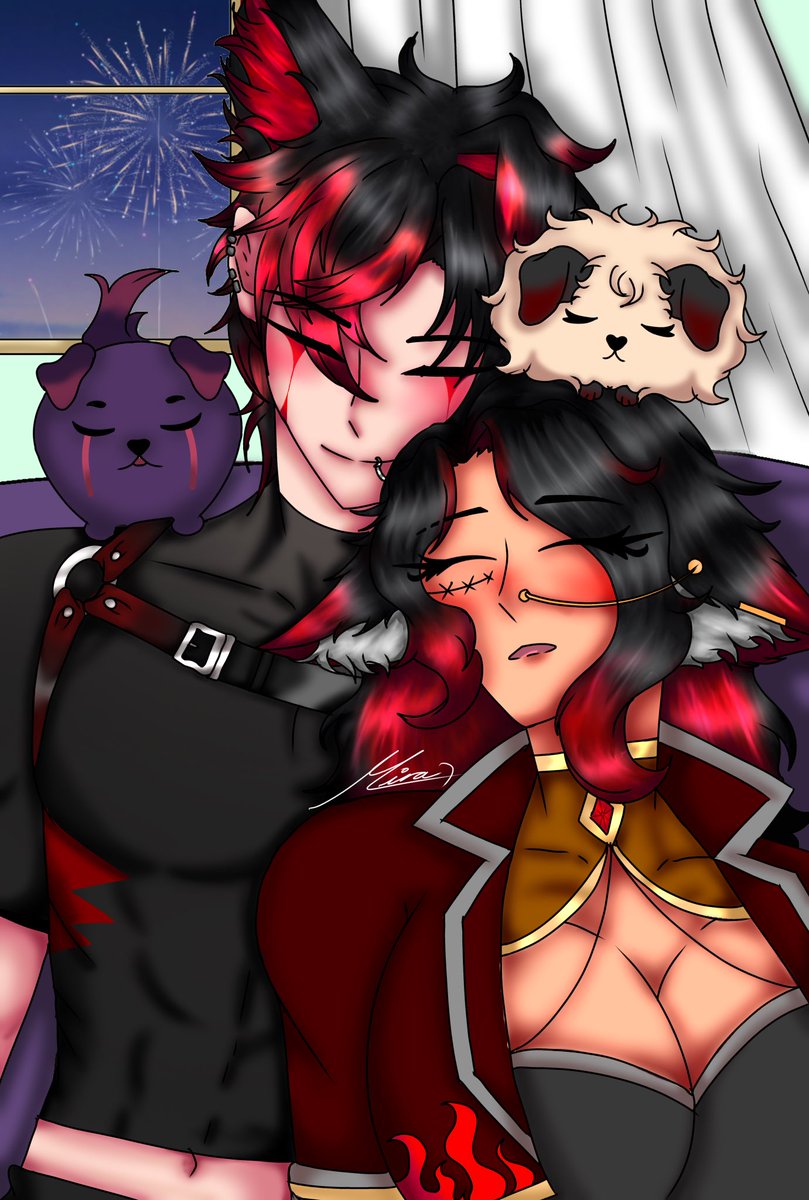 Two Sleepy Pups after a long day!!
🐺
#MiraVTart #NoroArt
<a href="/NORO2D/">NORO 嵐 野呂🐶🩸</a> 
Drew two Versions of it !
