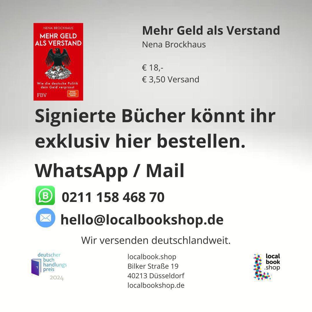Am 28.01 erscheint mein neues Buch MEHR GELD ALS VERSTAND! Es geht um den verantwortungslosen Umgang der Politik mit unserem Geld: Sozialstaat, Energiewende, Bauprojekte, Kampagnen und vieles mehr!
Wer ein signiertes Exemplar haben und den lokalen Buchhandel unterstützen möchte👇