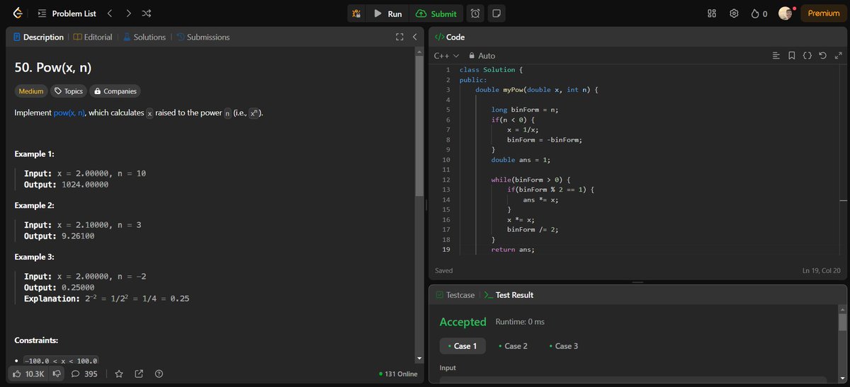 albion_codes's tweet photo. Day 11 of pursuing DSA
Understood Binary Exponentiation and used it on LeetCode Q. 50) Pow(x,n) with time complexity of O(logn).
Completed LeetCode Q. 121) Best Time to buy and sell stock to return Max Profit using O(n) time.
#DSA #CodingJourney #consistency #LeetCode https://t.co/YR2LVjtGYd