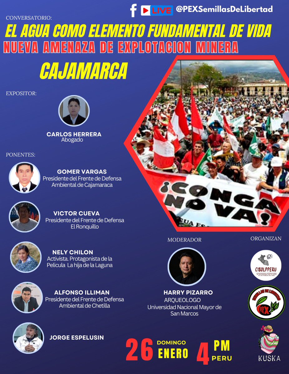PEXsemillasdeLi's tweet photo. ‼️#Peru #Cajamarca ante Nueva AMENAZA 🚨a la población por el gobierno De facto de #DinaBoluarte de Reiniciar Gonga, en sus declaraciones de #Davos2025
#AguaSiMinaNo
#CongaNoVa
#PeruEnDictadura
#CastilloLibertad
Libertad al legitimo Presidente del Peru 🇵🇪 @PedroCastilloTe https://t.co/3YwDYwhEom