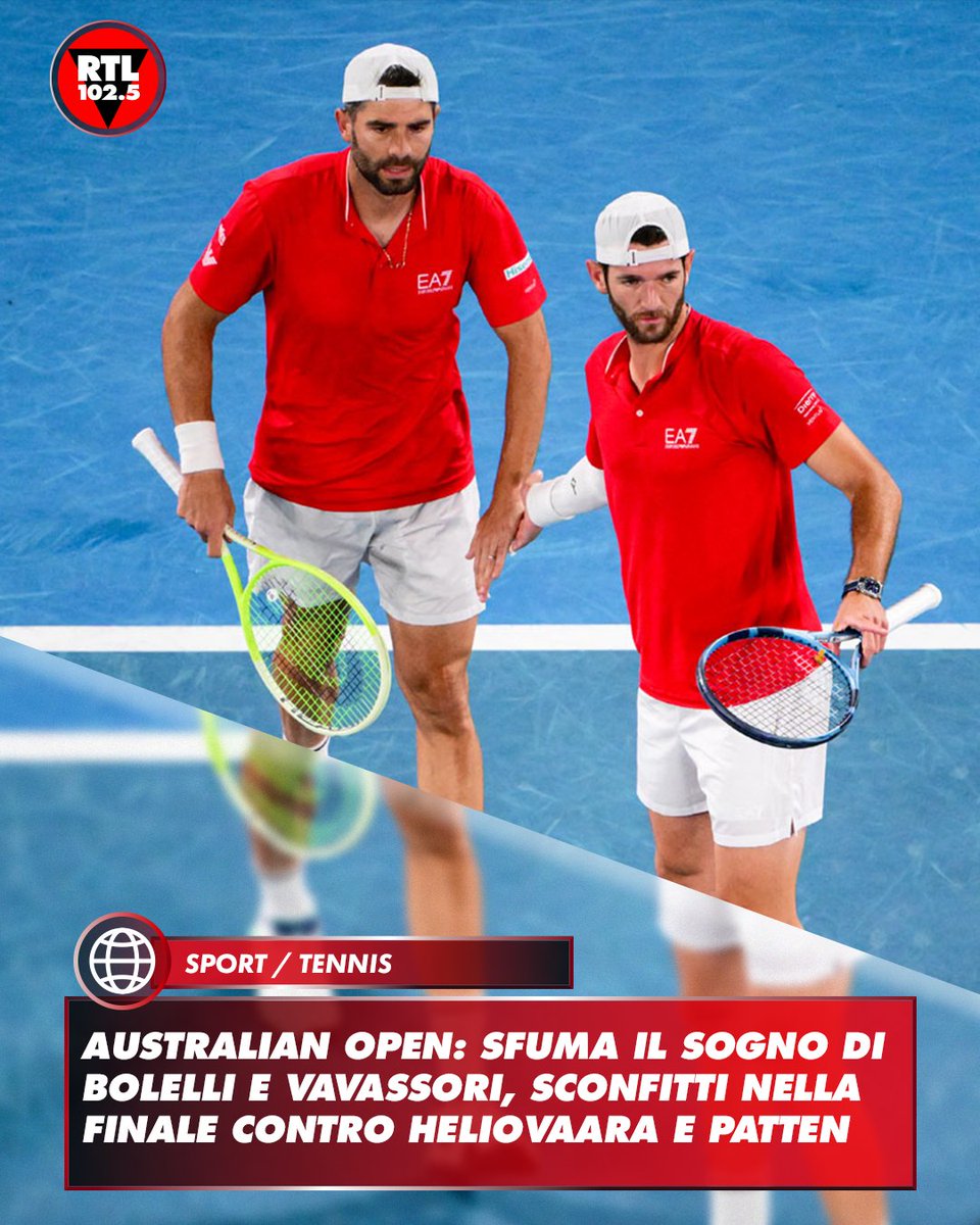 rtl1025's tweet photo. 🎾 Sfuma il sogno del primo #Slam insieme di #Bolelli e #Vavassori. Il duo italiano cede 6-7, 7-6, 6-3 dopo oltre tre ore di lotta contro la coppia formata dal finlandese #HarriHeliovaara e dal britannico #HenryPatten, in un match chiuso quasi alle 2 di notte a Melbourne. https://t.co/4JSwNLHImZ