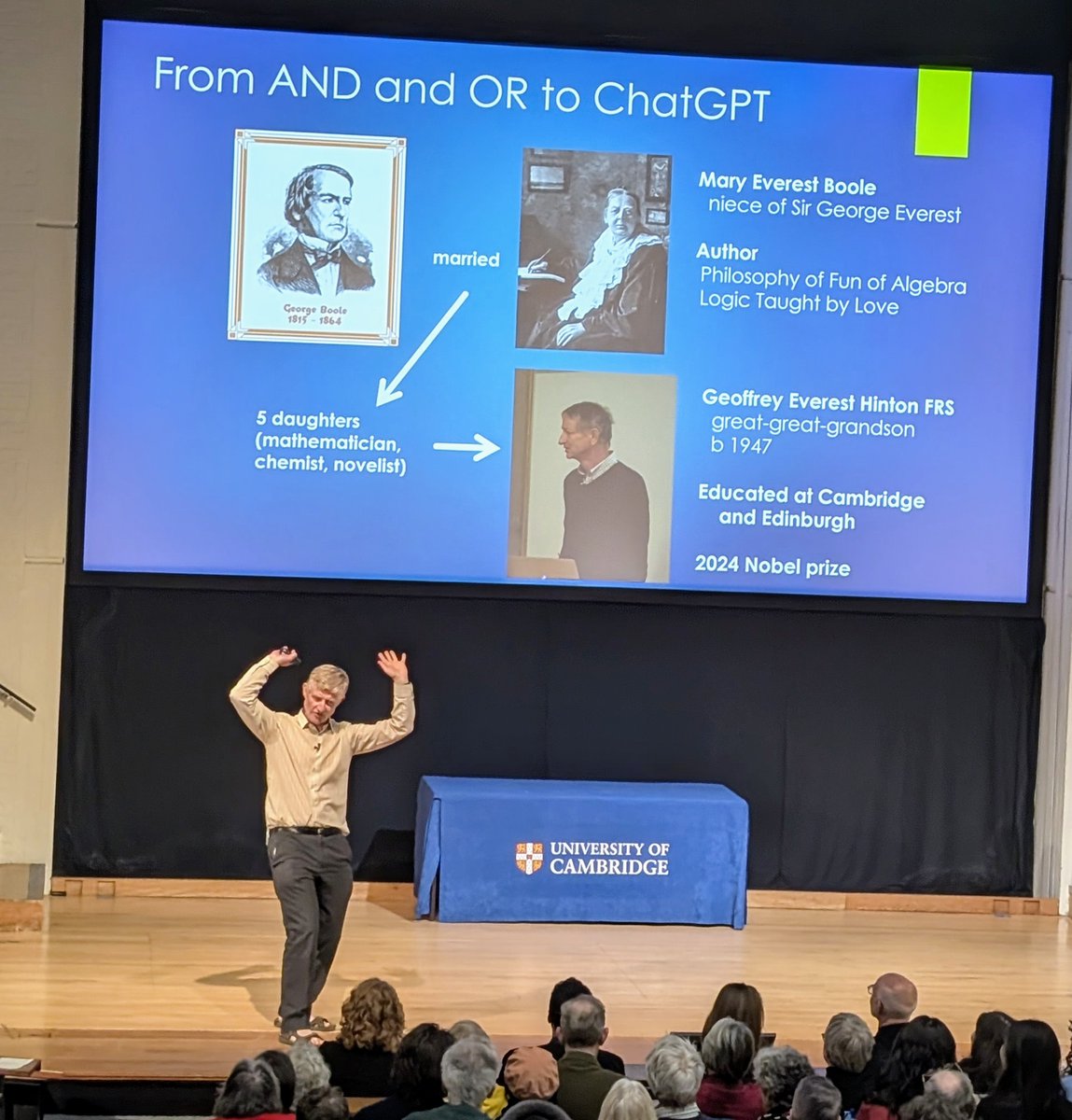 Didn't know about this, not only intellectual but also genetic link between George Boole and Geoffrey E. Hinton. Simon Peyton Jones gave an amazing talk at #DarwinCollege. Great content, engaging delivery, and he spoke so fast I couldn’t zone out like I often do during talks🙂