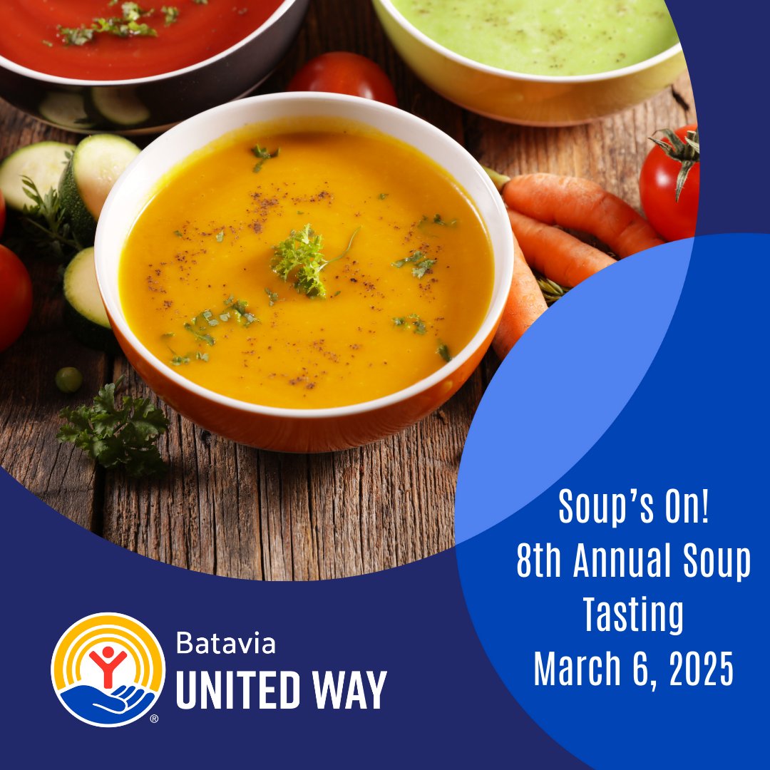 BataviaWay's tweet image. Soup's On! Tickets for our 8th annual soup tasting on March 6 from 6-8pm are now available. Tickets can be found by visiting our website: bataviaunitedway.org/soupevent/
#SoupsOn #BataviaUnitedWay #SoupTasting