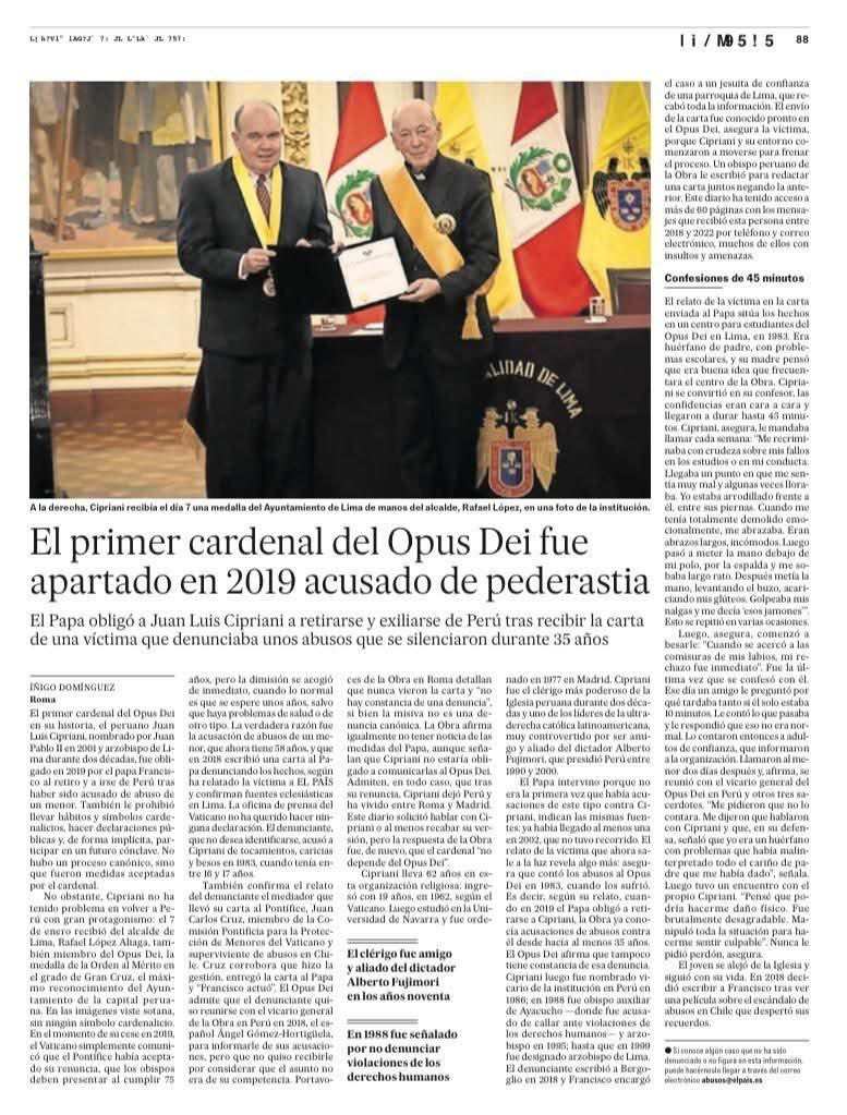 El diario El País de España se ocupa de Cipriani quien, no sólo se olvidó de los Derechos Humanos de las víctimas del Conflicto Armado Interno en Ayacucho, sino que también -según a la denuncia aceptada por el propio Francisco- es un pederasta. ¿Sorprende?