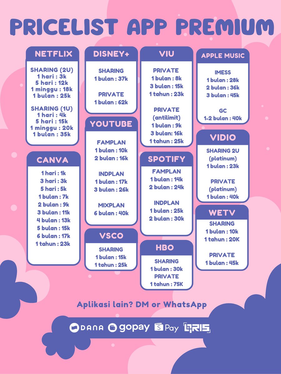 yeremied's tweet photo. WTS JUAL AKUN MURAH GARANSI NETFLIX CANVA YOUTUBE VIU VIDEO DISNEY WETV HARIAN BULANAN

kalo nyari aplikasi lain, bisa chat aja 👇👇👇

☎️ order by WhatsApp https://t.co/pxigDyBBWg

t. #zonauang #zonaba https://t.co/VgiEGONtrL