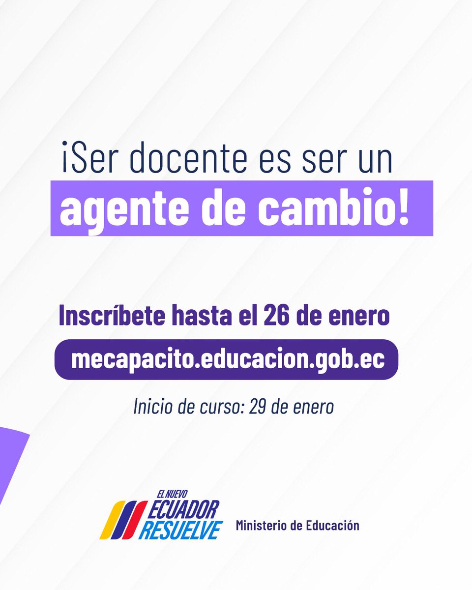 Educacion_Ec's tweet photo. 📚Crecer profesionalmente y de manera gratuita, ¡es posible!

💻 Inscríbete a los cursos en la plataforma Mecapacito hasta el 26 de enero. ▶️ https://t.co/Tp66yXcROb 
👩🏻‍🏫👨🏻‍🏫 Disponible para profesionales de la educación de los sostenimientos: fiscal, fiscomisional, particular y municipal.

#ElNuevoEcuadorResuelve