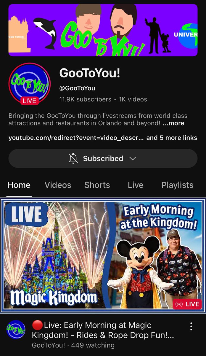 My pals Goo and Matt have a YouTube channel called “GooToYou!” where they visit attractions, restaurants, and theme parks in the Orlando area with a lot of Disney content as well. 

They’re nearing 12,000 subscribers. Check them out. They’re awesome. 

youtube.com/@gootoyou?si=6…