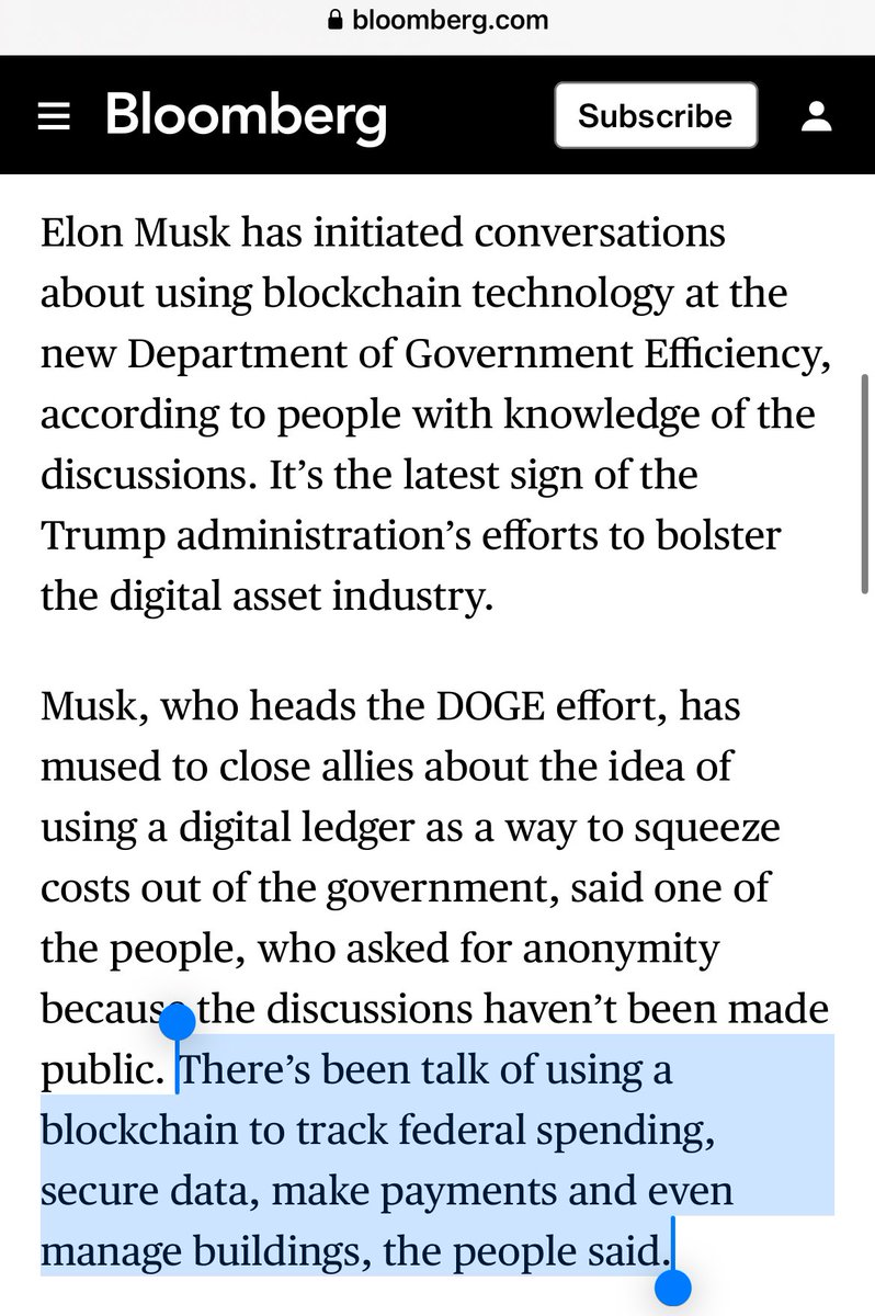 Elon Musk is reportedly in talks about using blockchain tech to cut costs and streamline operations. 

Everyone’s like, “Elon might use any crypto for this new government thing” but y’all……it’s named **DOGE** 😅🤷‍♀️