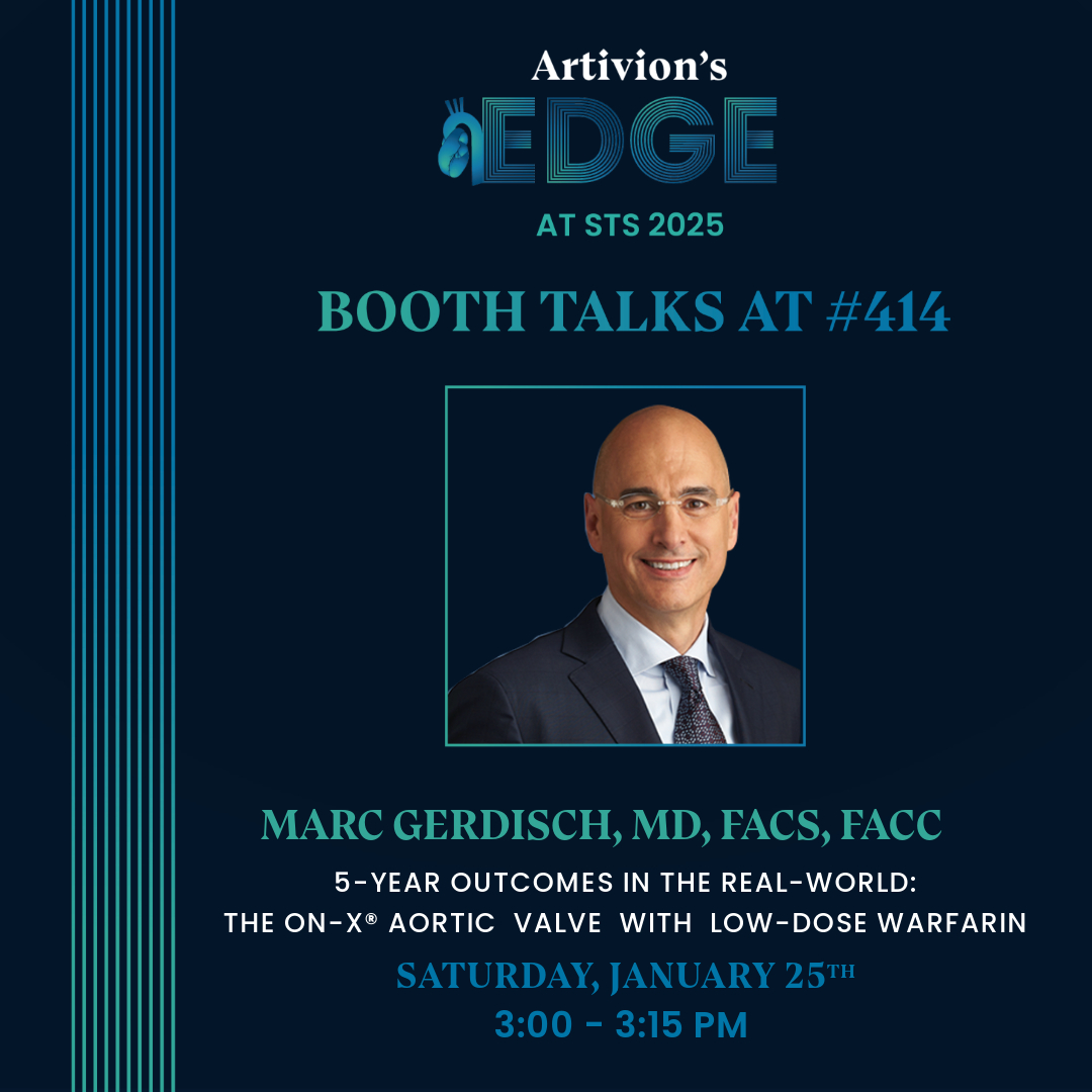 Artivion (@artivioninc) on Twitter photo Don't miss a presentation by <a href="/MarcGerdisch/">Dr. Marc Gerdisch</a> at #STS2025: 5-Year Outcomes in the Real-World: The On-X®️ Aortic Valve with Low-Dose Warfarin. TODAY, Saturday January 25, at 3:00PM PST in Booth 414. See you there! @STS_Ctsurgery #medicaleducation Don't miss a presentation by <a href="/MarcGerdisch/">Dr. Marc Gerdisch</a> at #STS2025: 5-Year Outcomes in the Real-World: The On-X®️ Aortic Valve with Low-Dose Warfarin. TODAY, Saturday January 25, at 3:00PM PST in Booth 414. See you there! @STS_Ctsurgery #medicaleducation