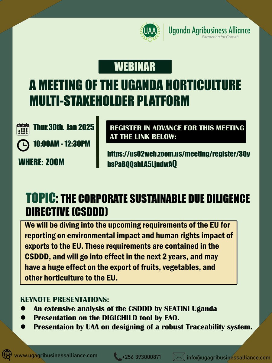 🌍📢 SEATINI Uganda is thrilled to be one of the keynote presenters at the Uganda Horticulture Multi-Stakeholder Platform meeting hosted by <a href="/UAAKampala/">Uganda Agribusiness Alliance</a>! 

Join us on 30th Jan 2025 (10 am–12:30 pm, Zoom) to discuss the EU's CSDDD and its export impact.

📌 Register Now: