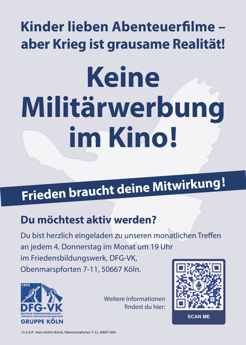 friedenkoeln's tweet photo. Offener Brief an Geschäftsführung des Cinedom #Köln: https://t.co/WeURC5gxmo
#KeinWerbenFürsTötenUndSterben 
@dfgvk_bv https://t.co/Wd4pxi2DiC