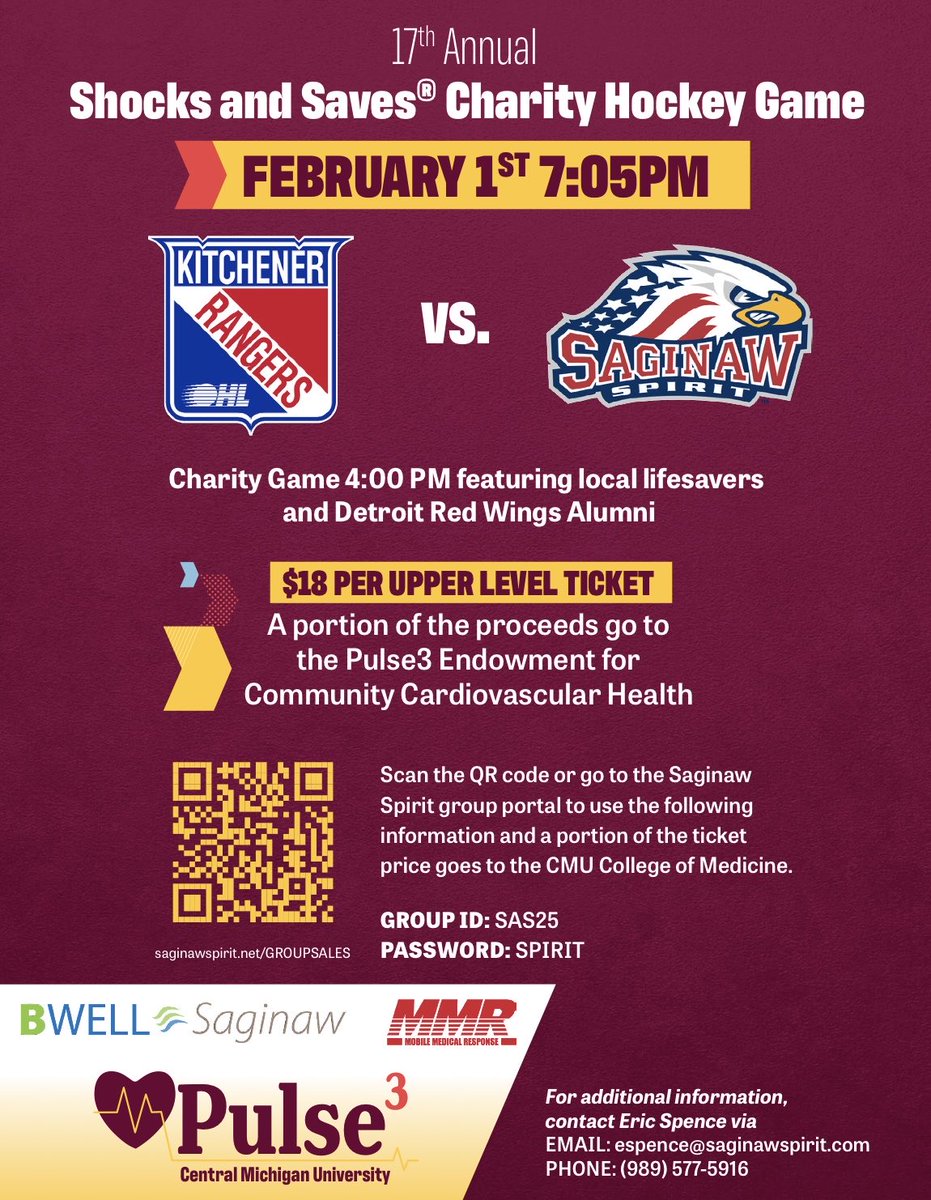 jonmorosi's tweet photo. Great hockey and great cause on Feb. 1 at ⁦@DowEventCenter⁩, as the 4 pm “Shocks &amp; Saves” game precedes the ⁦@SpiritHockey⁩ matchup. Jiri Fischer will be on the ice as he continues to advocate for AEDs in public spaces. ❤️ ⁦@DRWAlumni⁩ ⁦⁦@WNEMTV5news⁩ https://t.co/K9nohzGKaY
